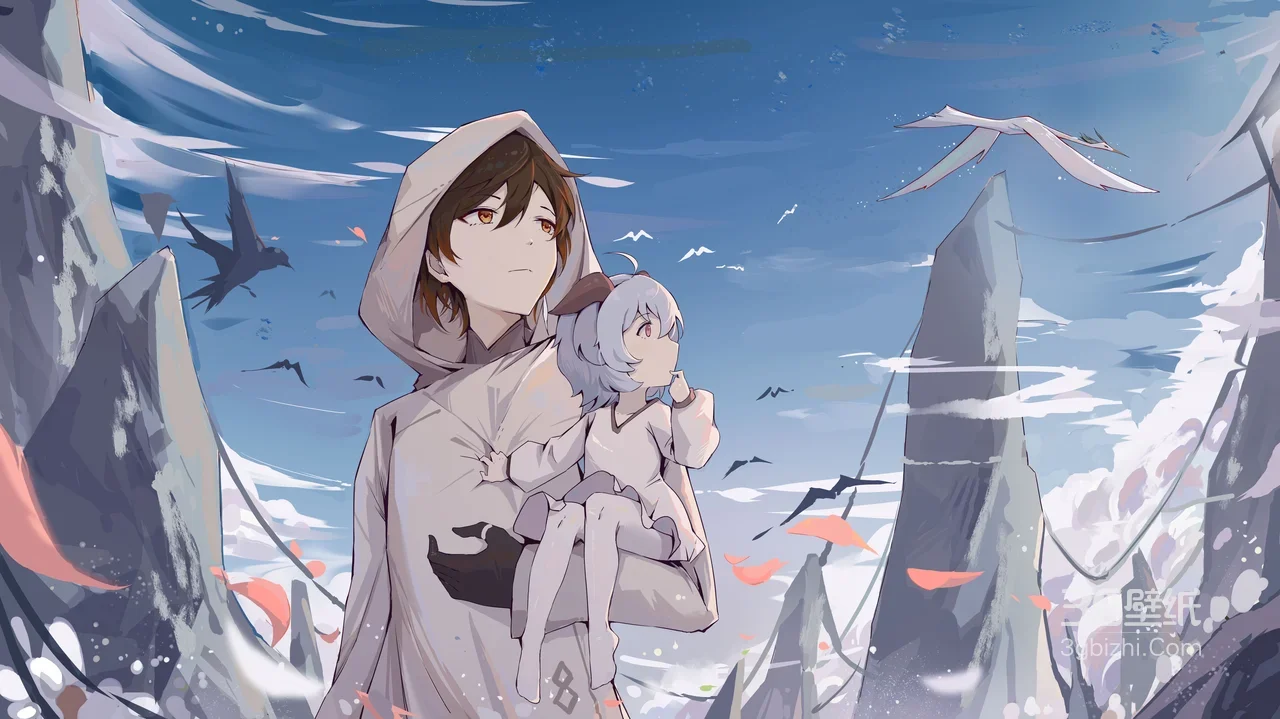 连帽少年抱银发幼女 二次元唯美奇峰飞鸟 超宽屏壁纸推荐1