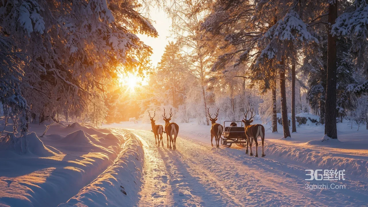 冬日森林鹿拉雪橇·暖金日落唯美雪景 治愈系电脑壁纸1