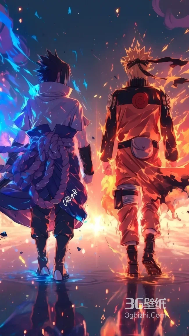 漩涡鸣人·焰光火影袍+宇智波佐助·蓝焰和风衣 火影忍者燃系插画 高清无水印1