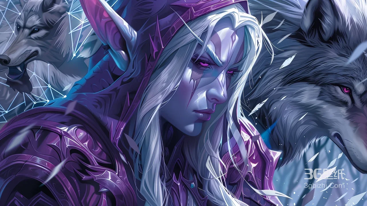 魔兽世界 暗夜精灵游侠·紫甲银发狼伴 暗黑奇幻风电脑桌面壁纸1