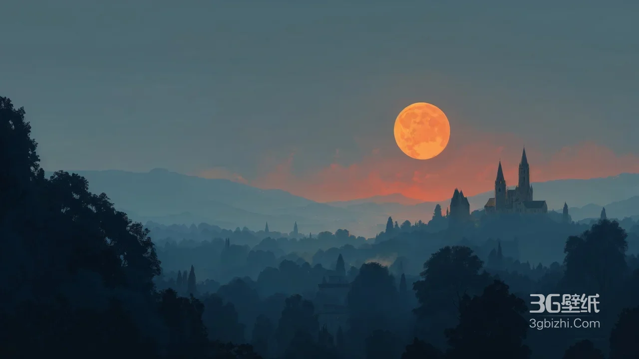月夜迷雾森林·哥特城堡·唯美橙月 中世纪风宽屏壁纸1