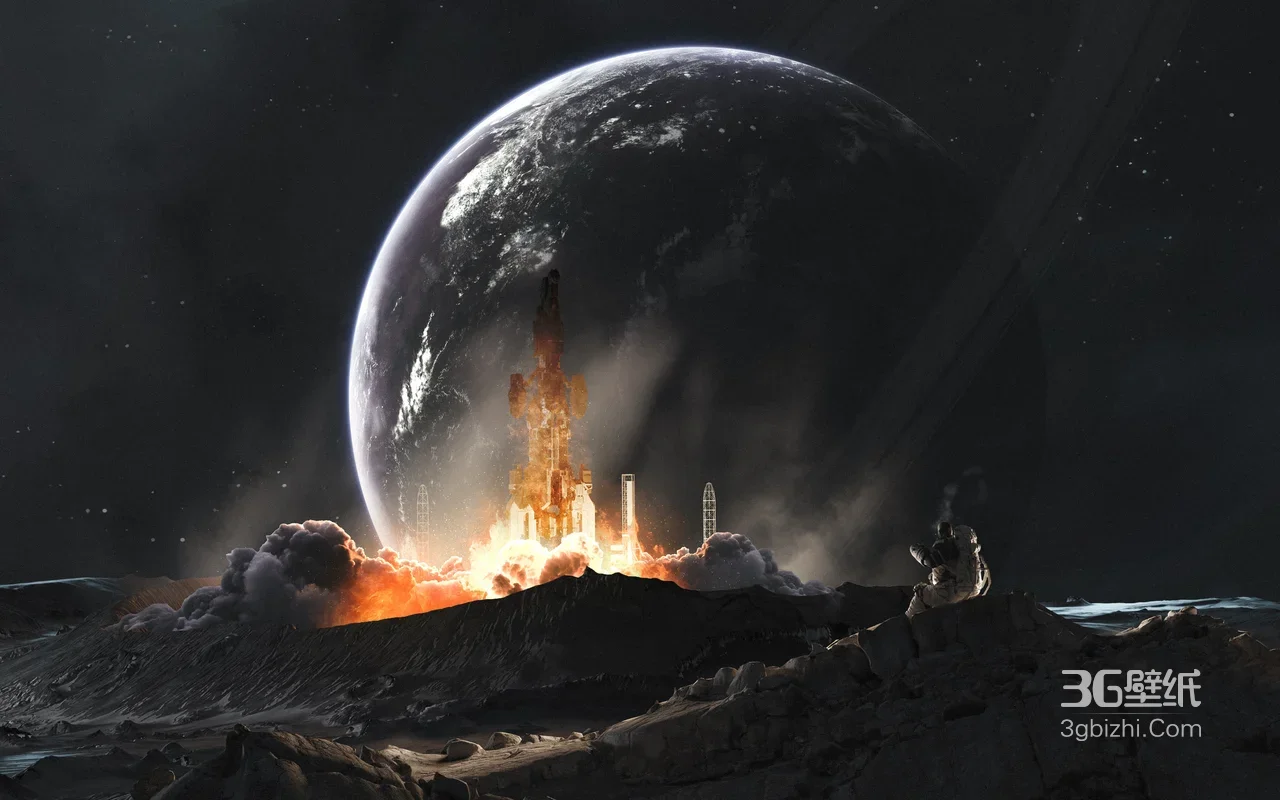 星际火箭发射·宇航员蹲望 暗黑科幻宇宙行星电脑壁纸1