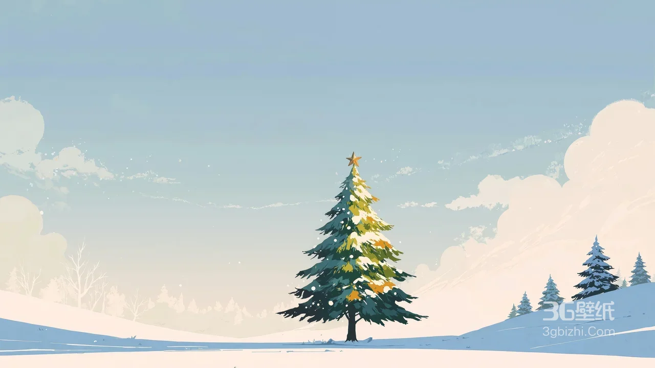 雪境圣诞树·唯美插画风·冬季治愈系宽屏电脑壁纸1