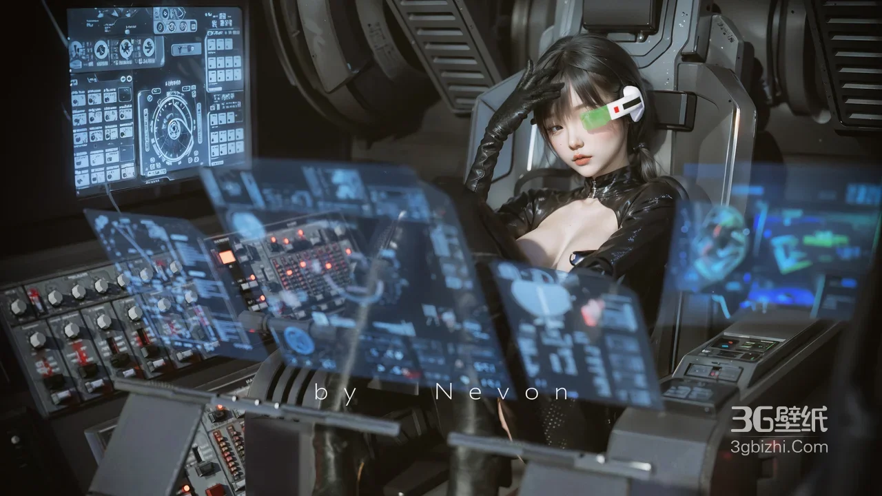 Nevon原创·赛博朋克少女·科幻座舱 全息操控屏未来风电脑壁纸1