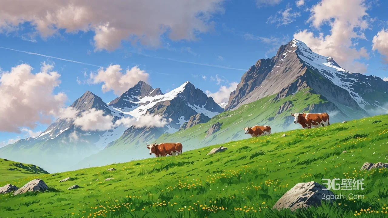 动漫唯美·高山草甸奶牛群 治愈系宽屏桌面背景1