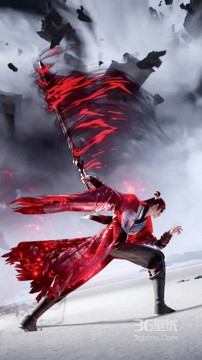 古风红衣武者·红焰长枪战斗姿态 国风仙侠水墨高清无水印壁纸1