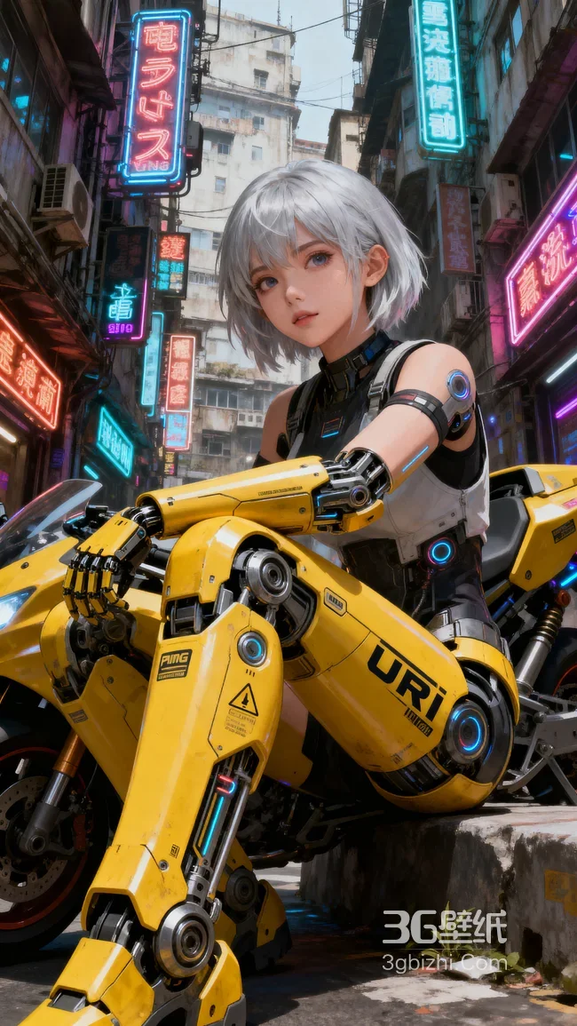 银发机械义肢少女·赛博朋克霓虹街 黄色机甲摩托高清无水印1