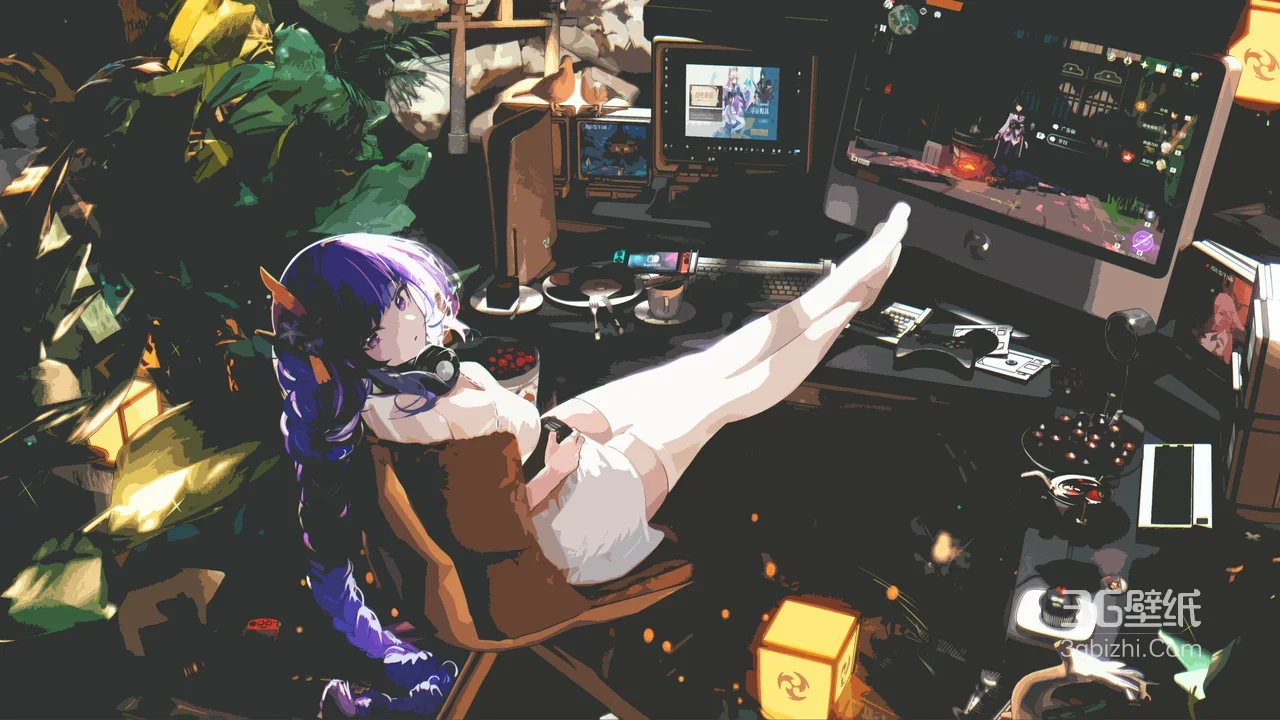紫发长辫少女·白丝慵懒游戏桌面 二次元原神风高清电脑桌面壁纸1