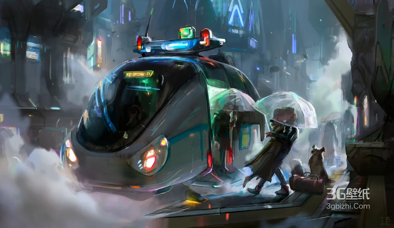 赛博朋克未来都市雨夜·悬浮警车与撑伞行人 赛博朋克电脑壁纸1