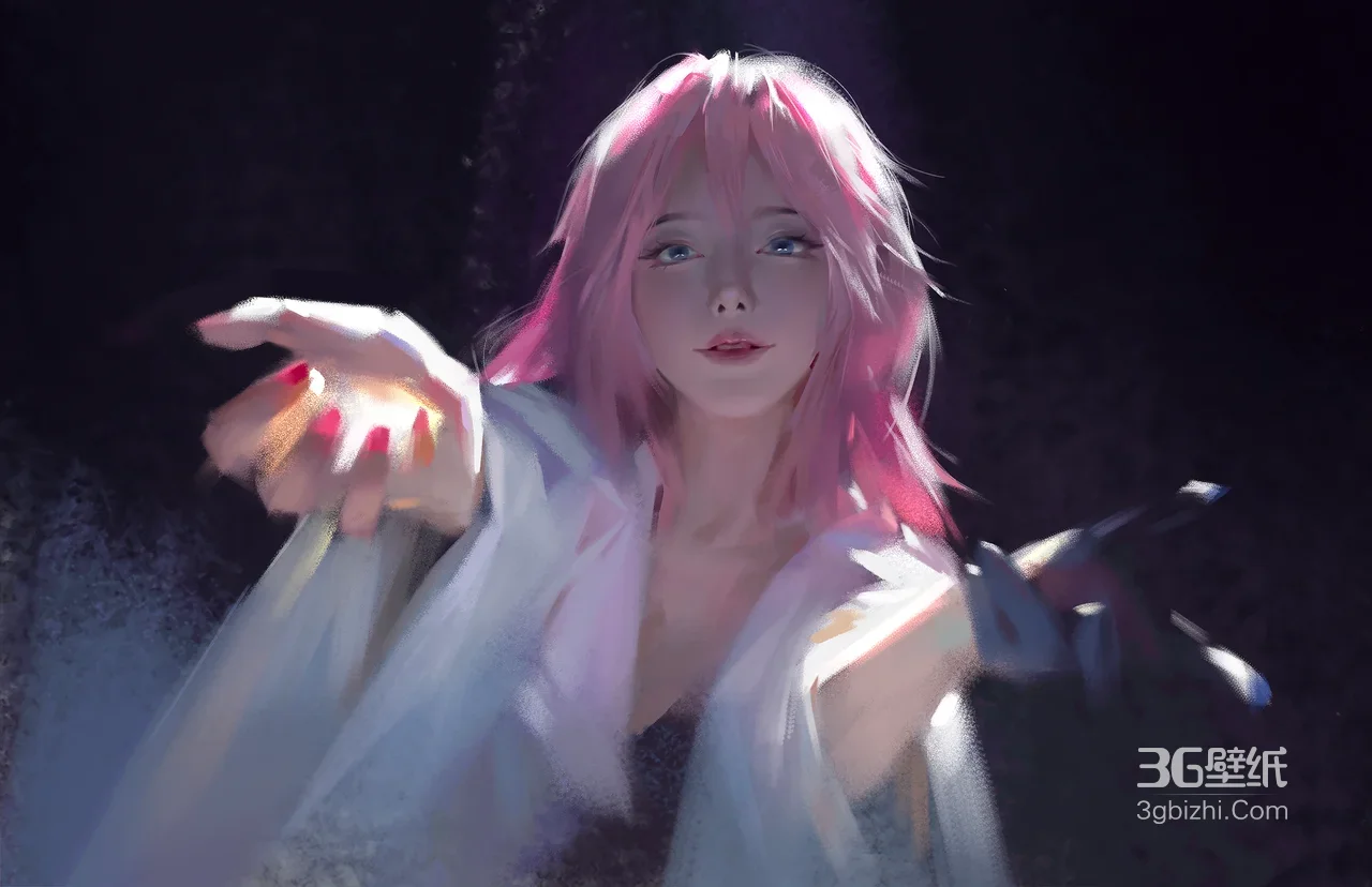 楪祈·粉色长发白衣伸展 写实唯美动漫插画 超美电脑桌面背景1