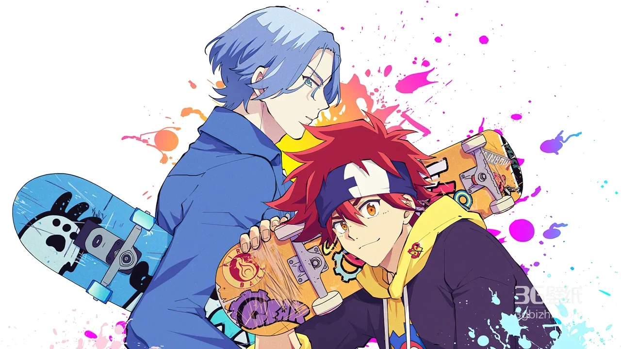 驰河兰加·冷静蓝发与喜屋武历·热血红发 二次元无限滑板高清插画1