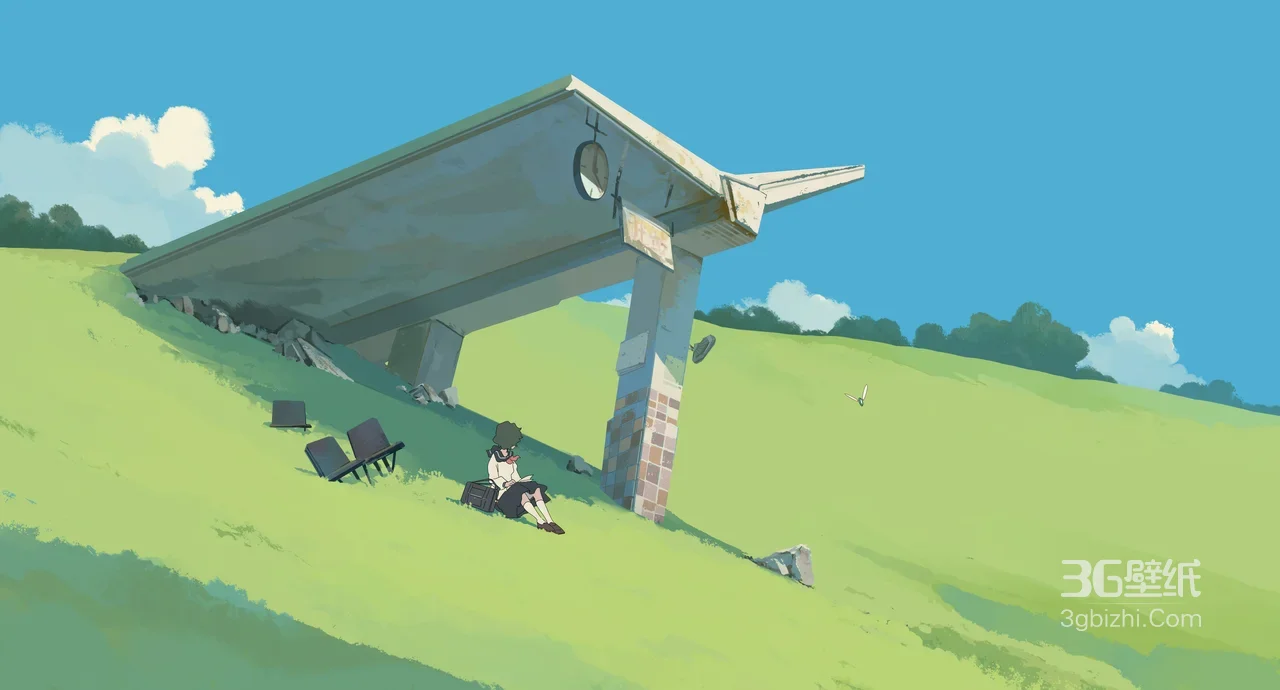山坡废弃站台与独坐少女·二次元清新治愈系风景插画1