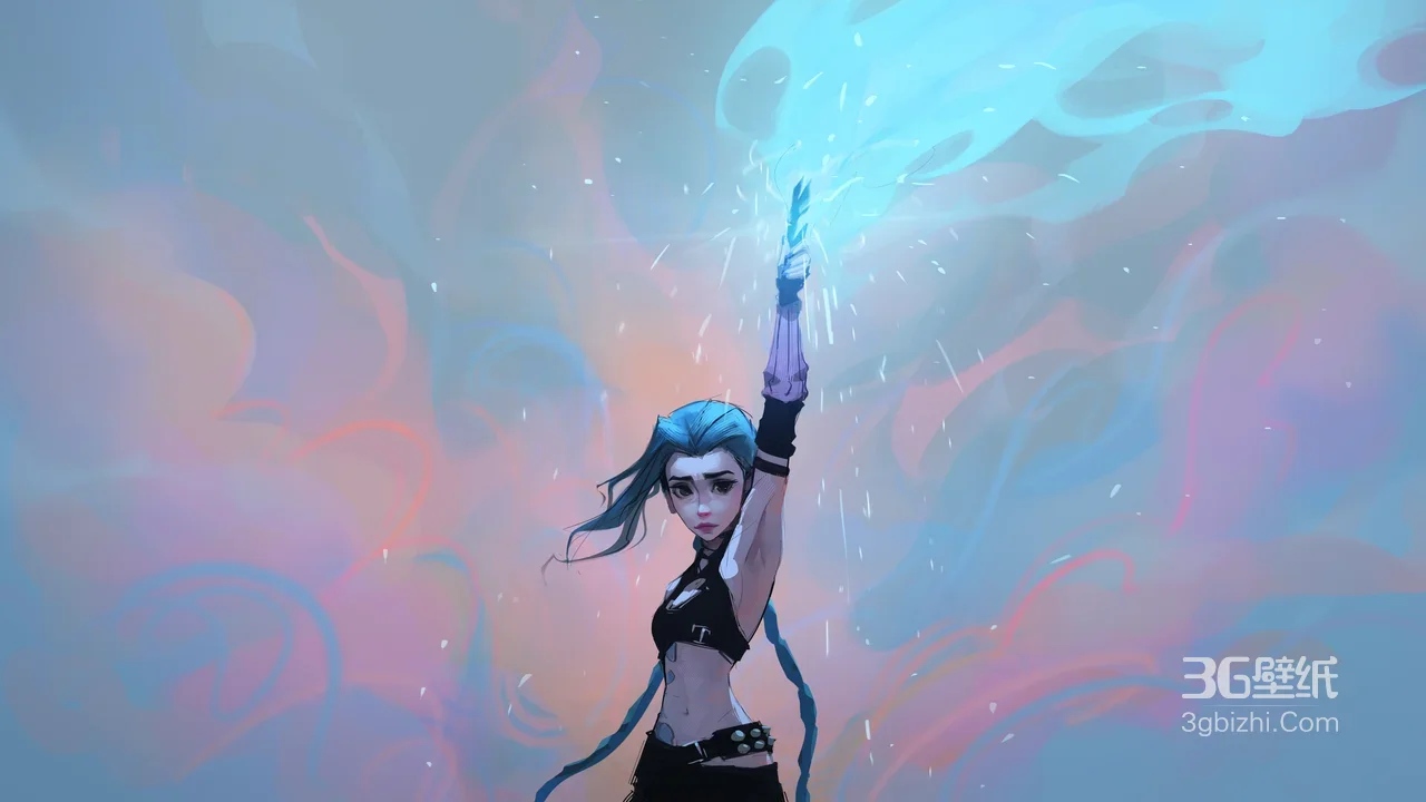 蓝发双马尾少女·魔法光芒绽放 唯美二次元手绘 高清宽屏桌面背景1