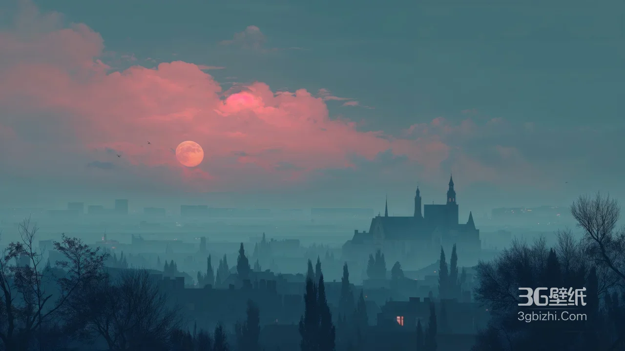 晨雾中的哥特式城堡与城市剪影·唯美朦胧意境风景1