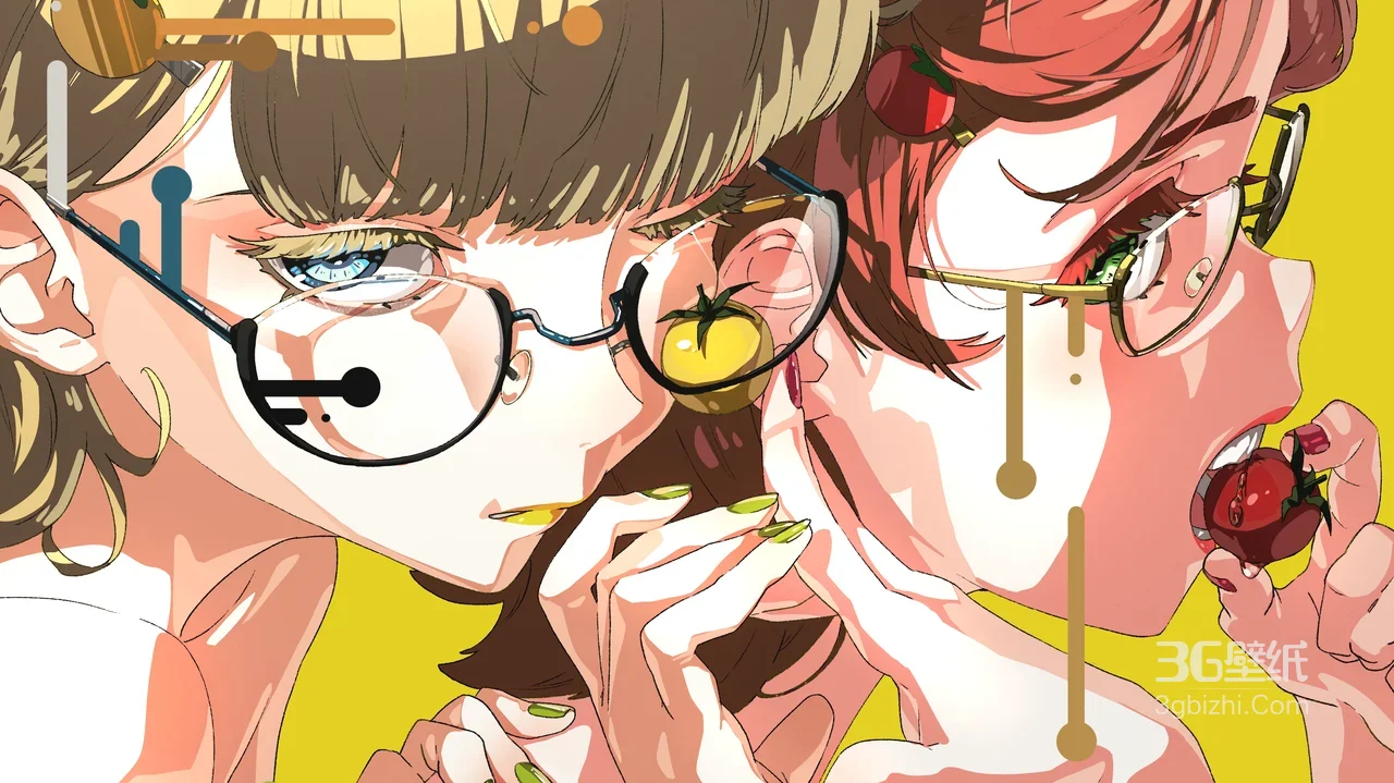 双生女角色·眼镜与番茄潮流艺术风格高清桌面背景1