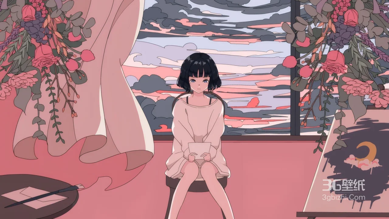窗边短发少女静坐捧信·唯美二次元插画·治愈系桌面场景1