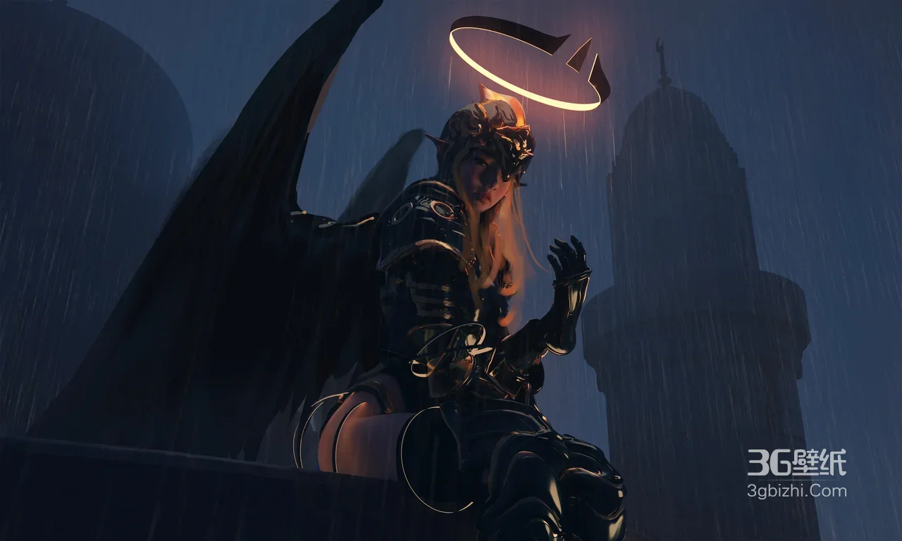 暗黑战甲堕天使·雨夜塔楼 二次元写实风电脑壁纸热门精选1