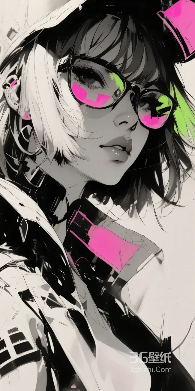赛博朋克少女·粉绿镜片眼镜·黑白二次元风格 高清插画1