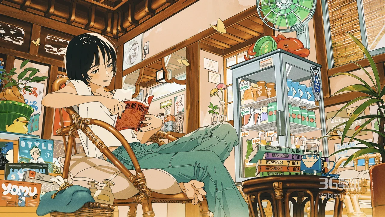 短发少女阅读《NO NO YOU》 日系治愈复古日式小店 动漫插画宽屏1