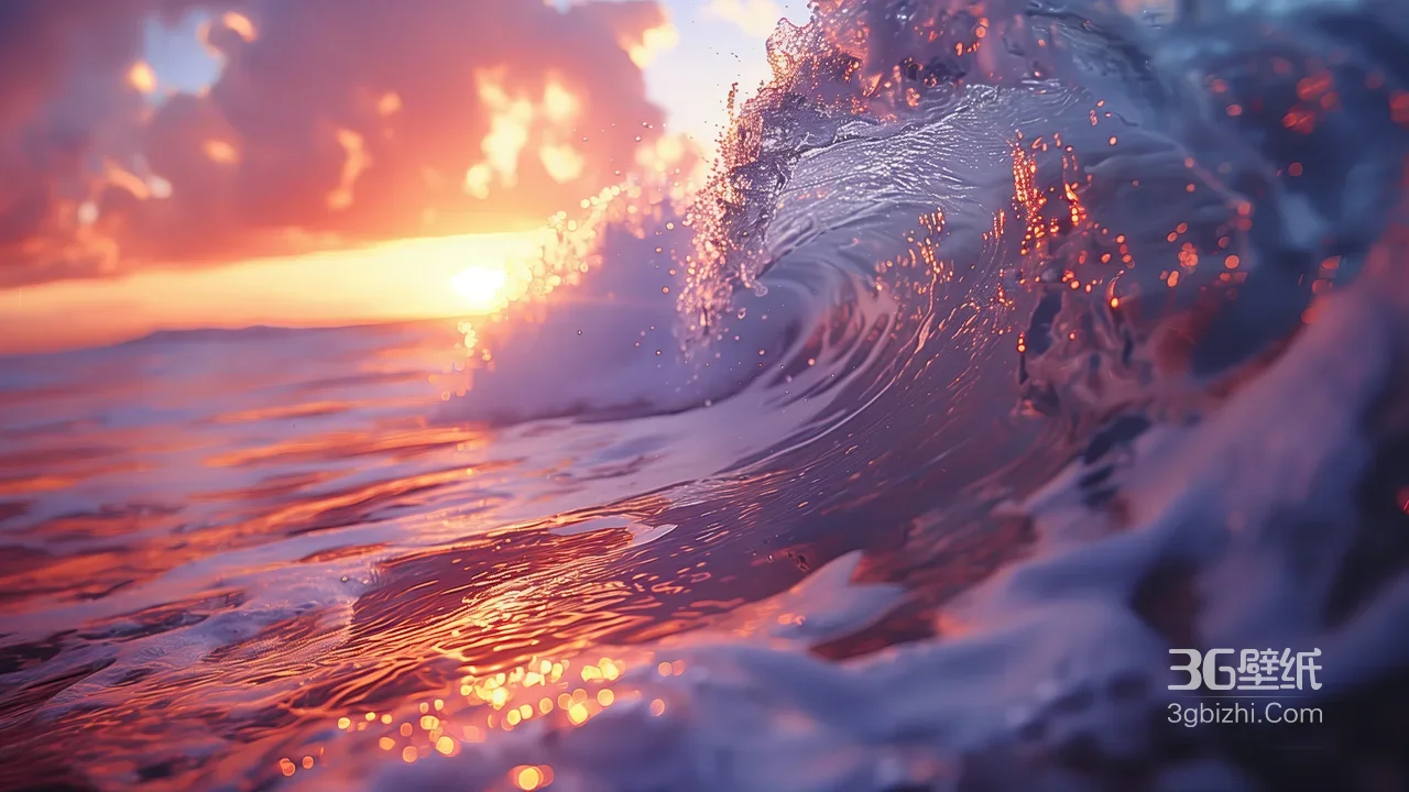 海浪卷涌·日落熔金 唯美写实海景宽屏桌面背景1