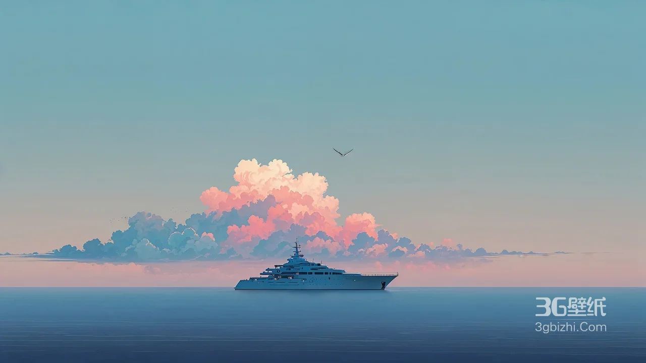 海洋游艇与粉蓝云海·唯美插画风 治愈系海上风光壁纸推荐1