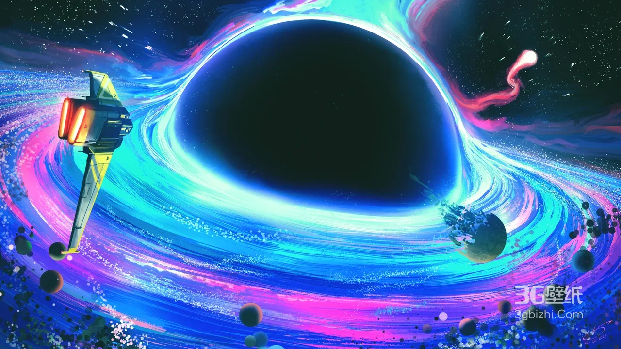 宇宙黑洞吸积盘·科幻飞船 炫彩赛博朋克科幻插画 宽屏1