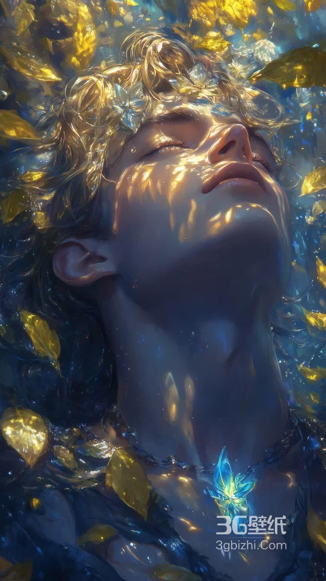 沉眠少年·鎏金卷发与冰晶花饰奇幻唯美风高清锁屏1