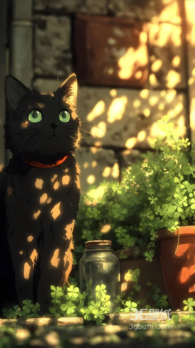 绿眼黑猫凝视阳光·橙色项圈与三叶草丛·治愈系光影场景图1