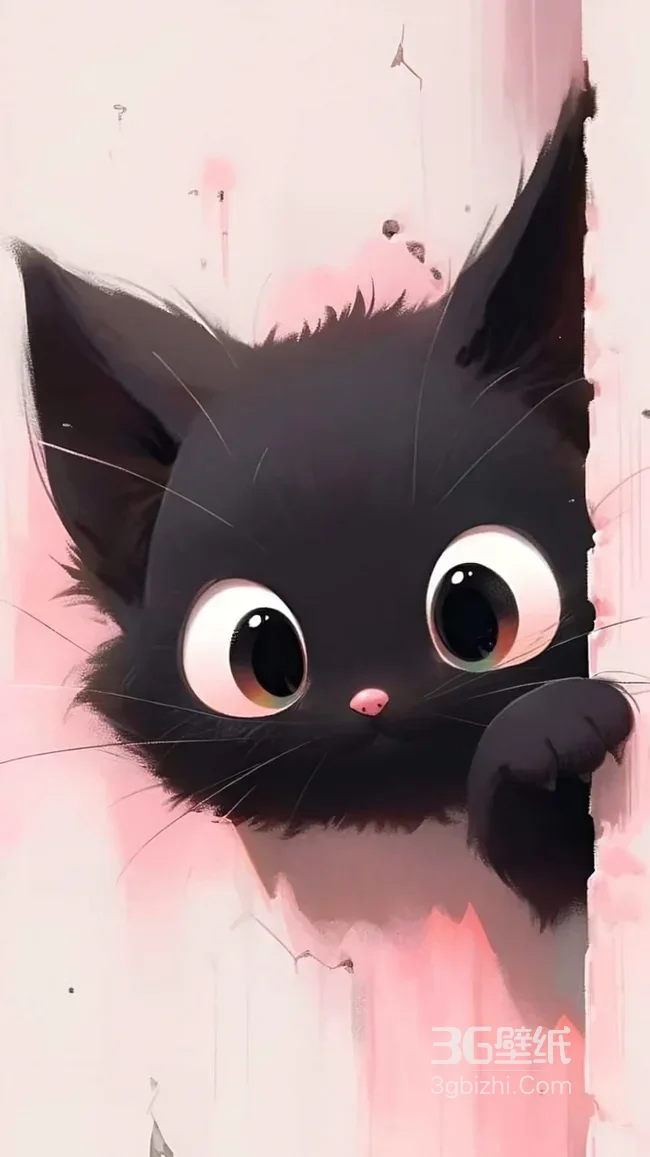 黑毛圆眼萌猫·探头张望 治愈插画风手机壁纸（软萌宠物壁纸）1