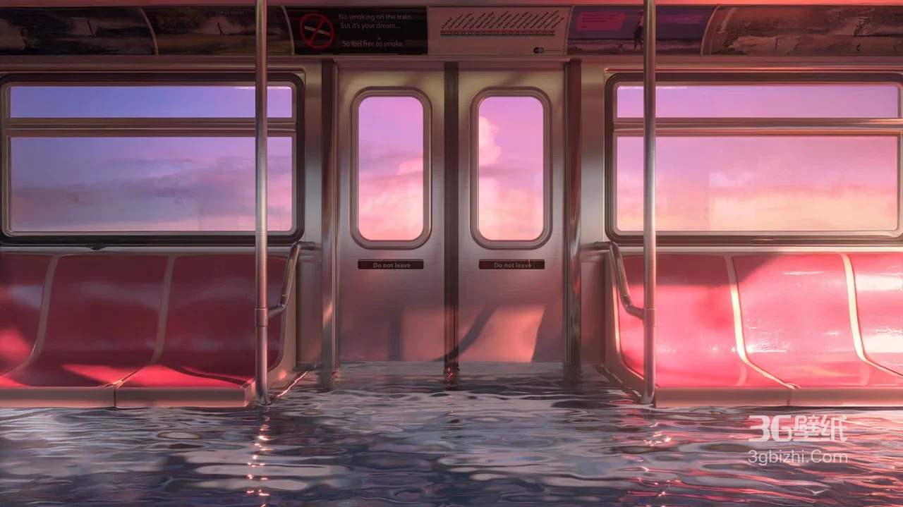 地铁车厢·水漫座椅·粉紫天空唯美场景·意境壁纸1