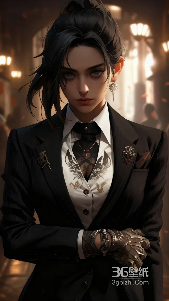 暗黑华丽写实西装女性·胸纹翅膀与金属配饰·高级感1