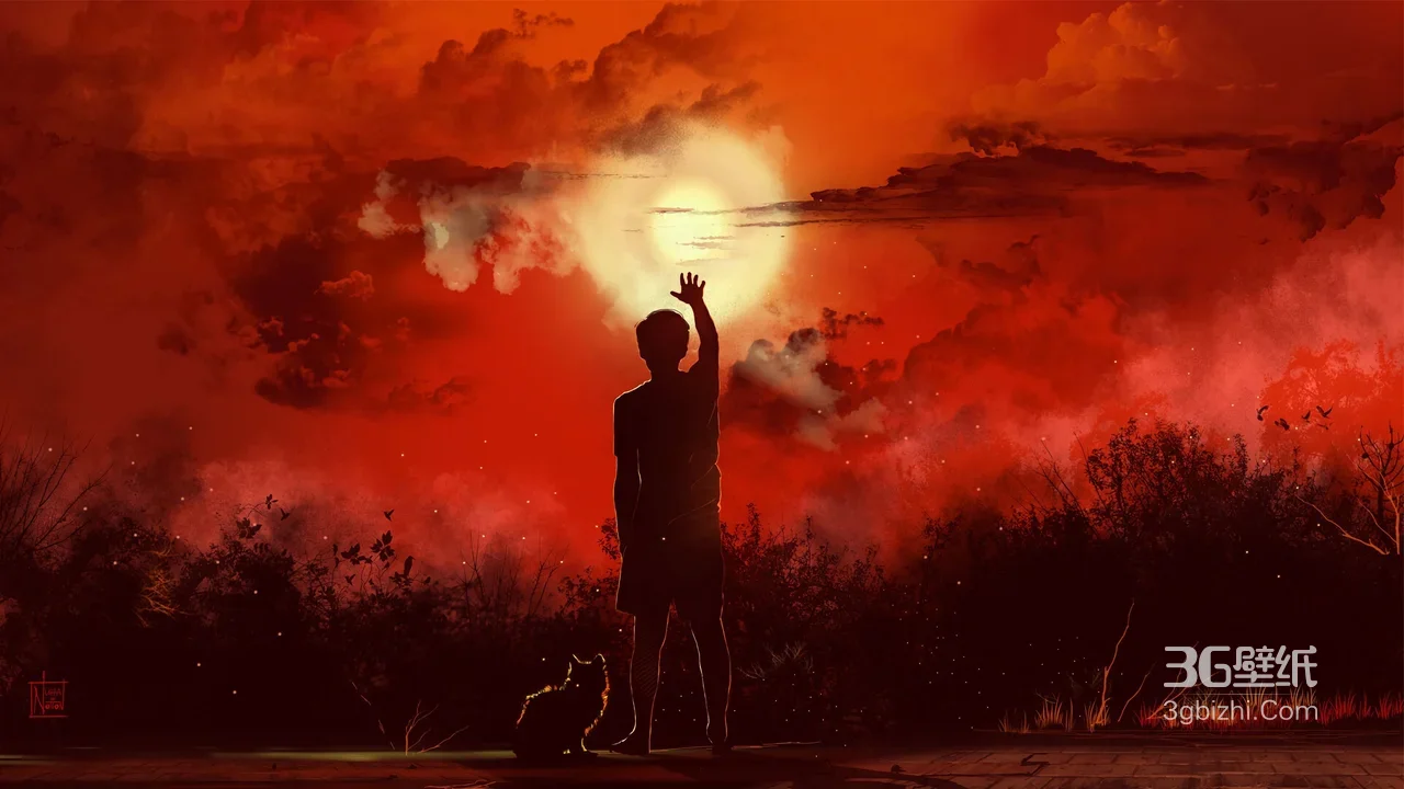 男孩与猫·伸手向阳 暗黑唯美红空落日插画 宽屏电脑壁纸1