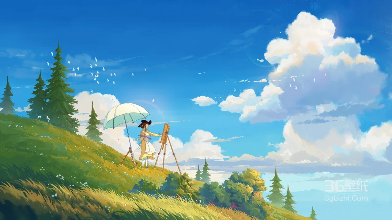 山坡作画少女撑伞写生·唯美插画风超高清治愈风景1