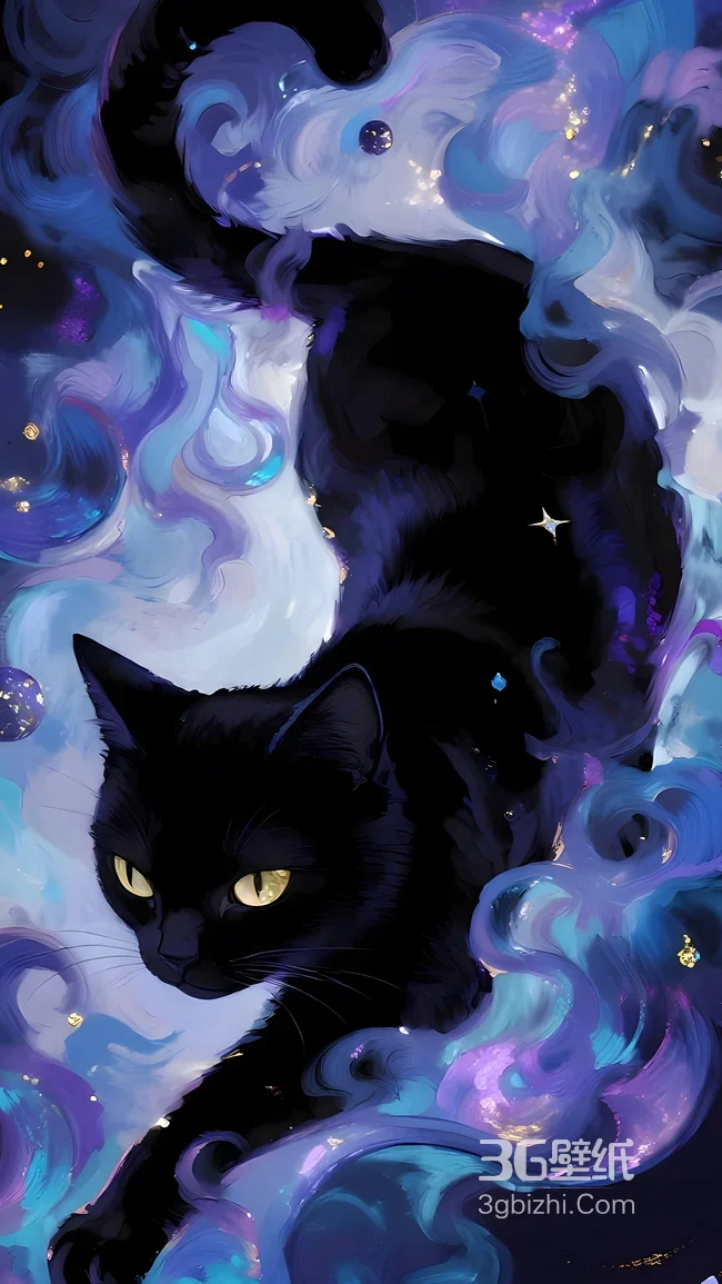 梦幻星空漩涡黑猫·唯美二次元插画 超火梦幻猫咪壁纸1