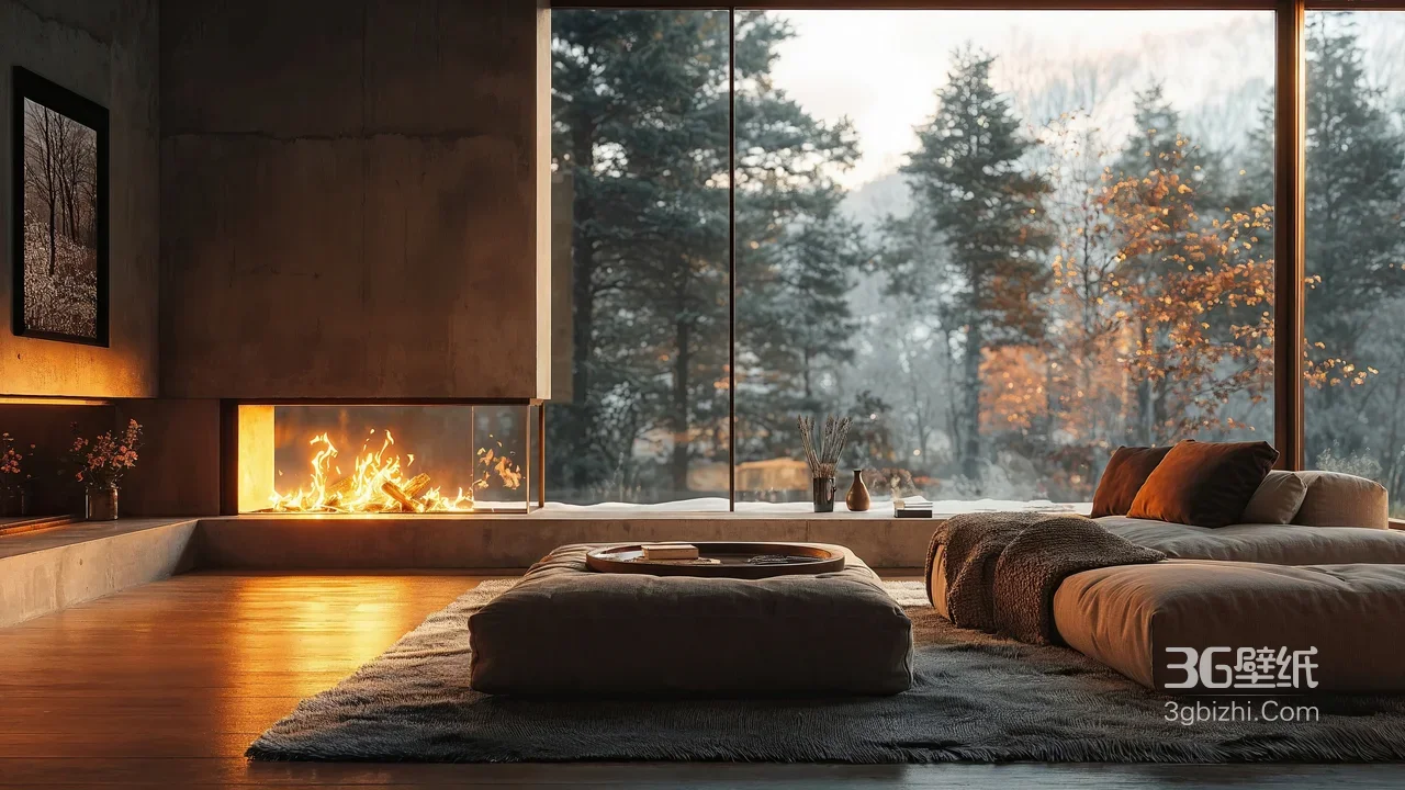 壁炉燃火·雪景落地窗现代极简风冬日治愈系氛围感客厅背景1