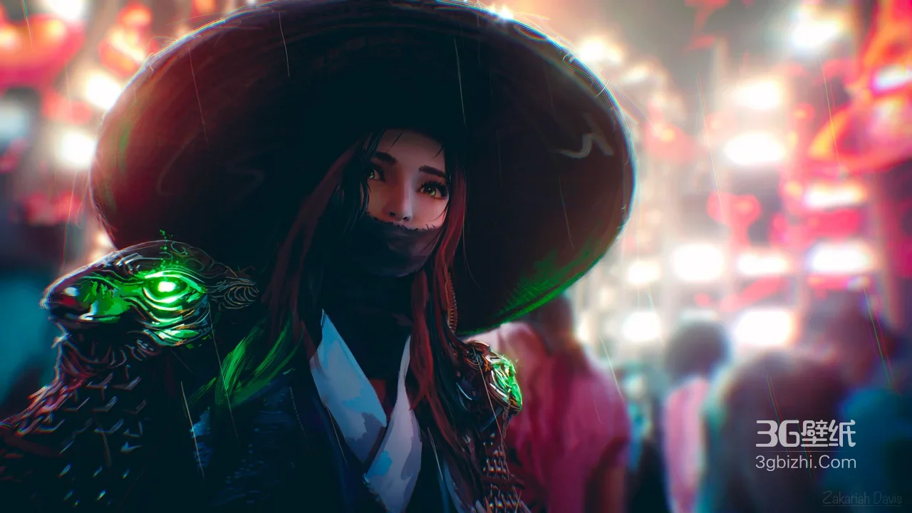 神秘国风侠客·斗笠面罩赛博鹰甲 原创赛博古风超宽屏电脑壁纸1