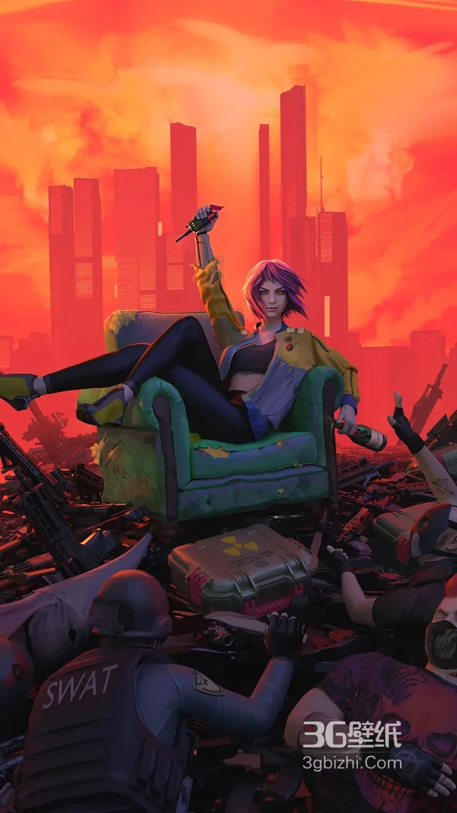 赛博朋克叛逆少女慵懒坐武器堆沙发 红城废土风超燃手机壁纸1