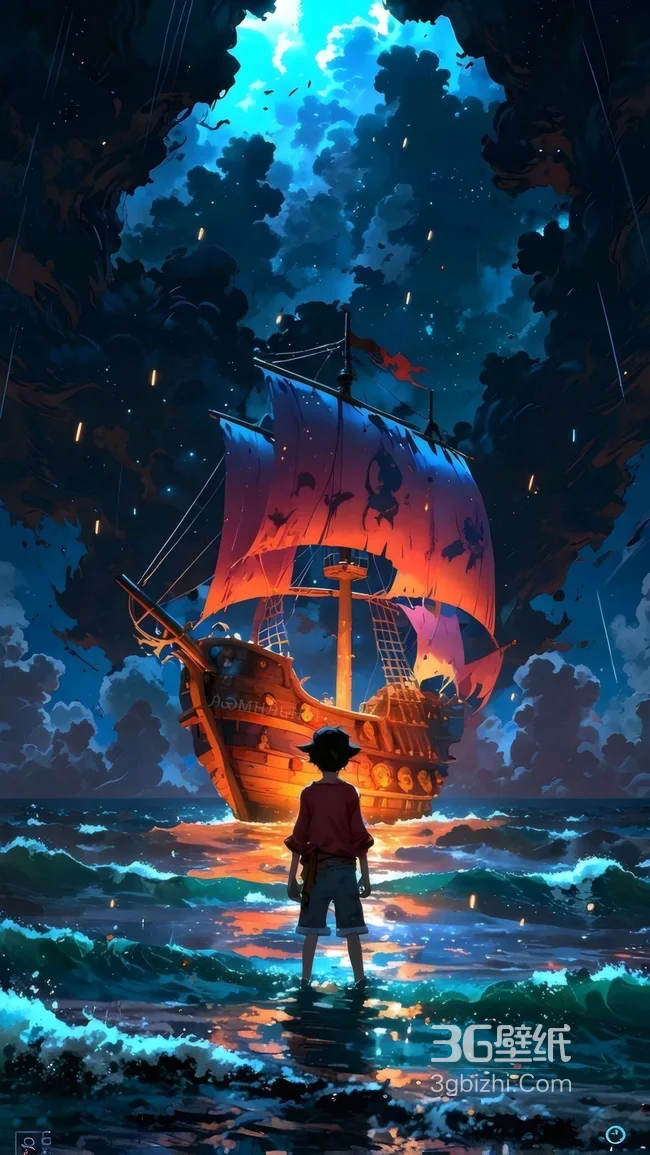 路飞·海岸踏浪望海贼船 梦幻风海贼王航海热血壁纸 超燃冒险风1