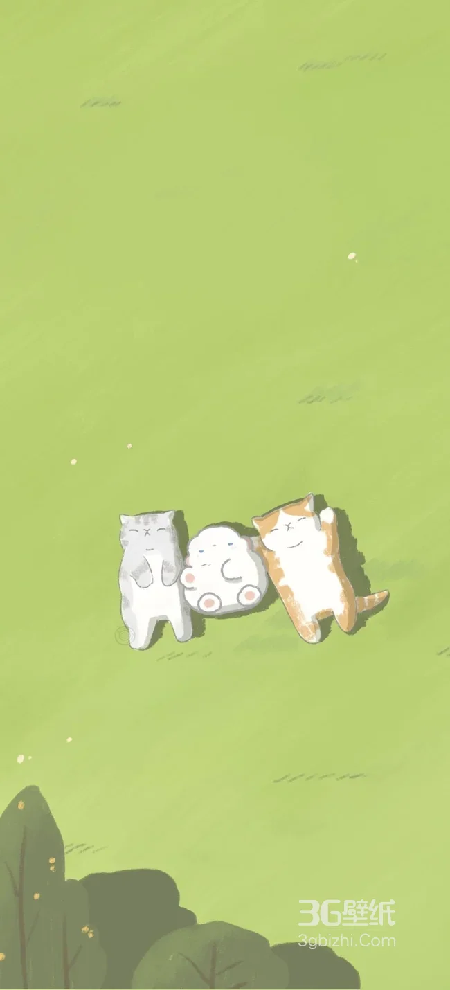 灰猫橘猫与白团子·草地休憩·治愈清新风手机壁纸款1