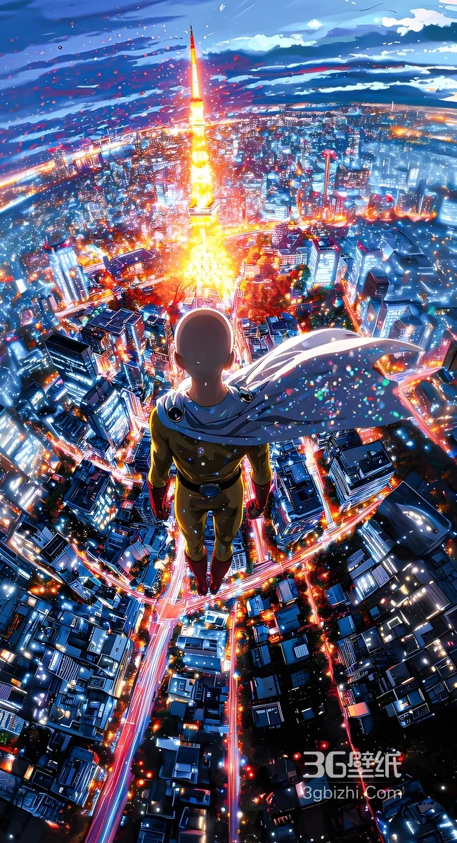 埼玉·光头披风俯瞰璀璨都市 一拳超人二次元热血动漫壁纸1
