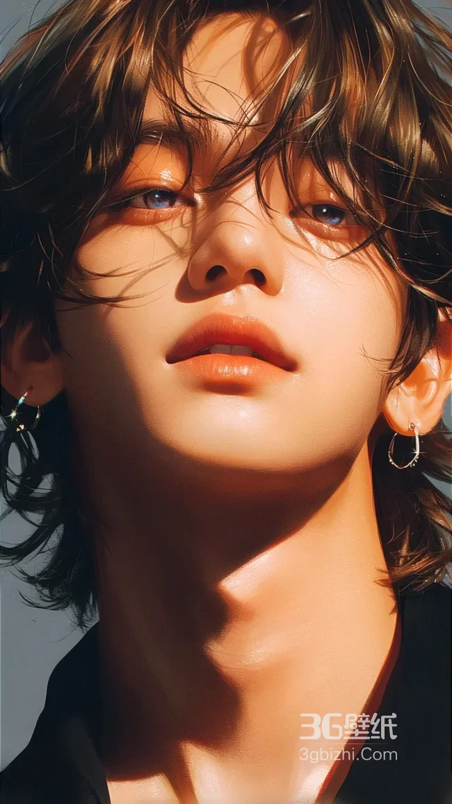 金泰亨·卷发耳饰光影氛围感 写实油画风韩系偶像壁纸1