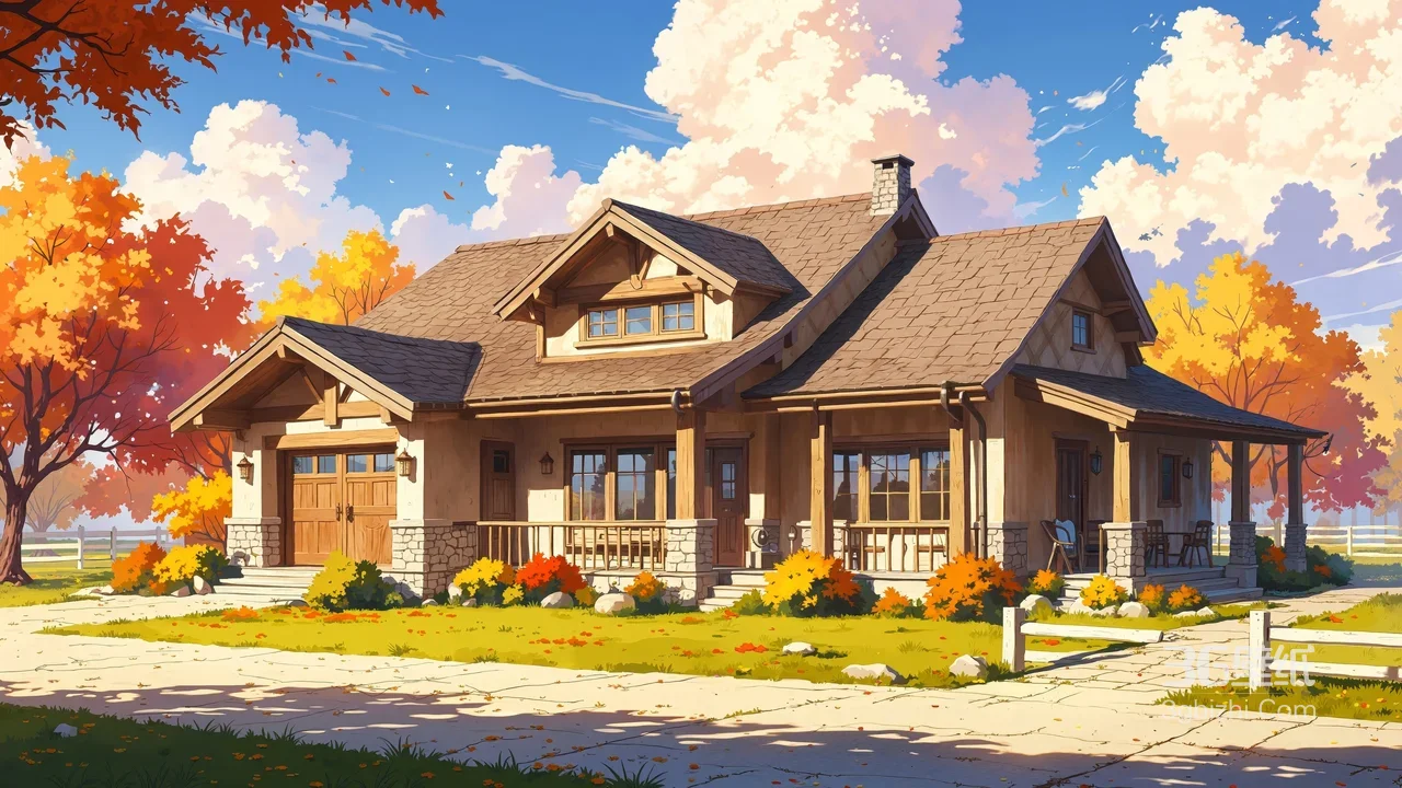 动漫唯美风秋日乡村别墅 治愈系田园生活电脑壁纸1