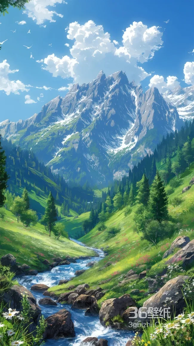 雪山溪谷绿野溪流·日系动漫风 二次元治愈风景壁纸1