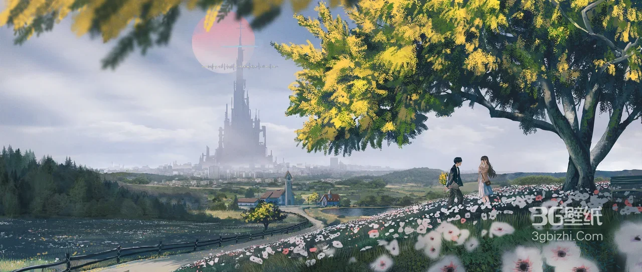 少年少女花海眺望·天空之城高塔与落日唯美二次元高清风景插画1