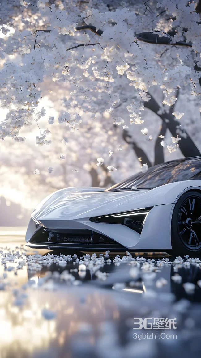 唯美樱花下的白色超跑·清新治愈风手机壁纸1