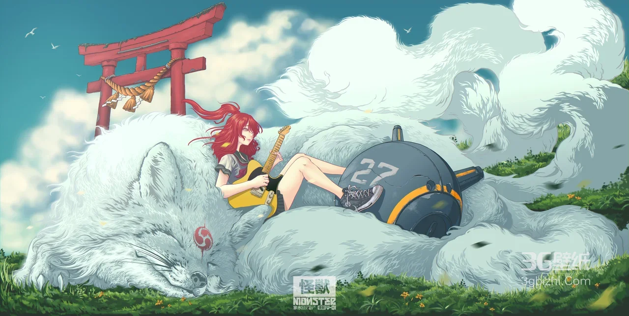红发少女弹吉他·白狐神兽与鸟居唯美二次元高清插画桌面背景1