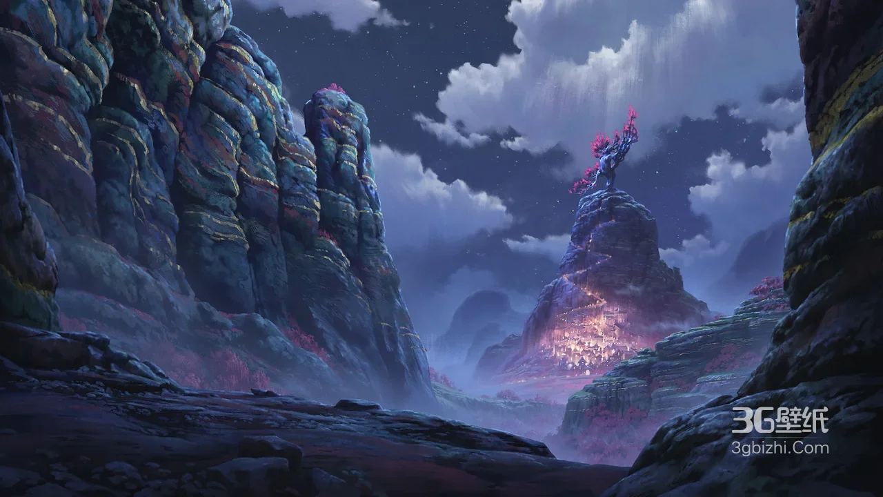 奇幻山谷村落·粉色神树 唯美奇幻风 超高清宽屏电脑壁纸1