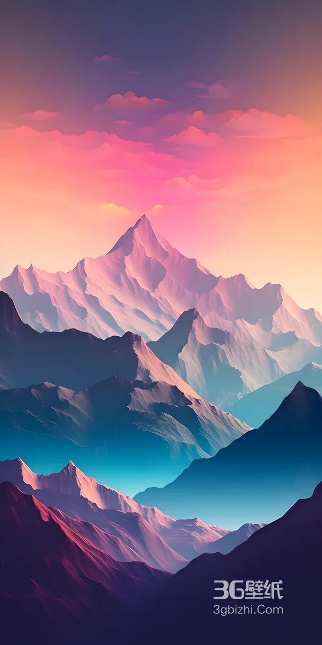 层叠雪山群·渐变霞光云海唯美意境·高清意境壁纸素材1