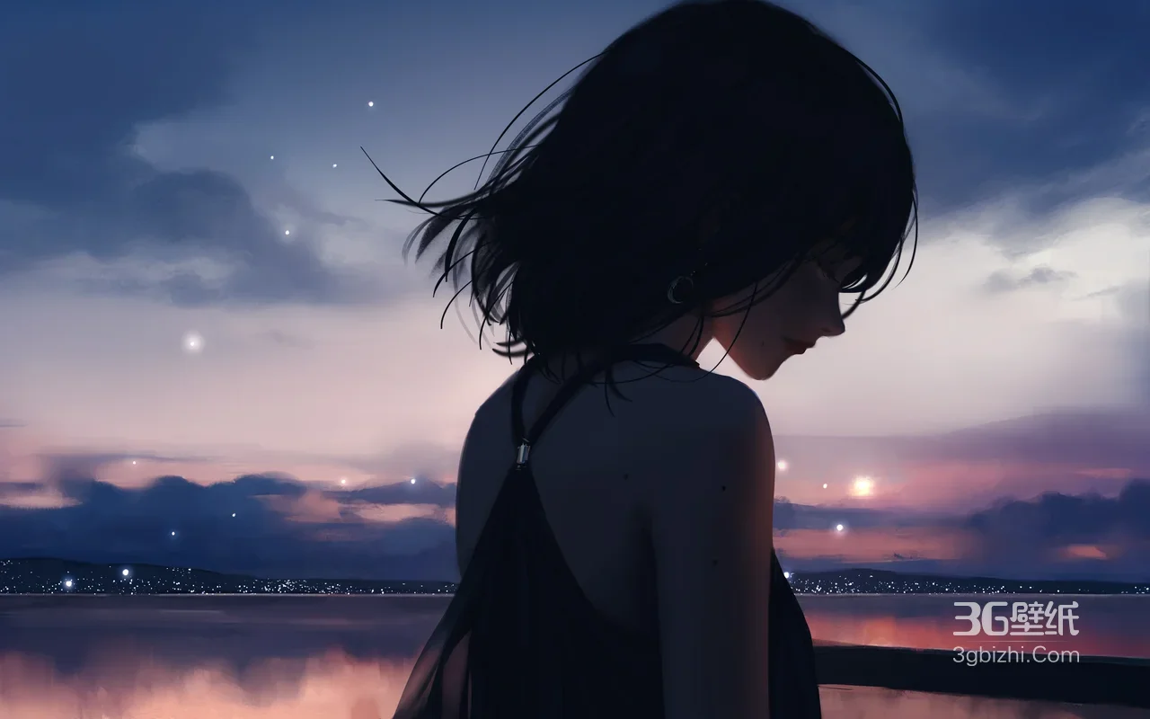 少女背影·暮色星空与城市灯火·二次元唯美插画 高清桌面背景1