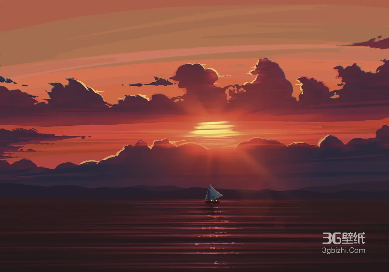 落日熔金海面·孤帆远航唯美意境高清桌面1